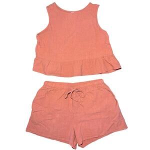 Anrabess Coral Two‑Piece Lounge Set 💗 Sleeveless Ruffle Hem 🌺 Size M